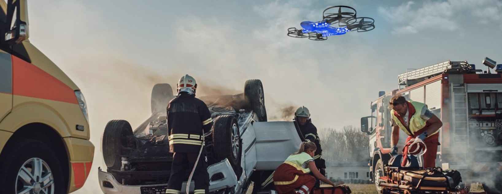 Drone helping rescue team at car crash scene for faster and safer emergency response.